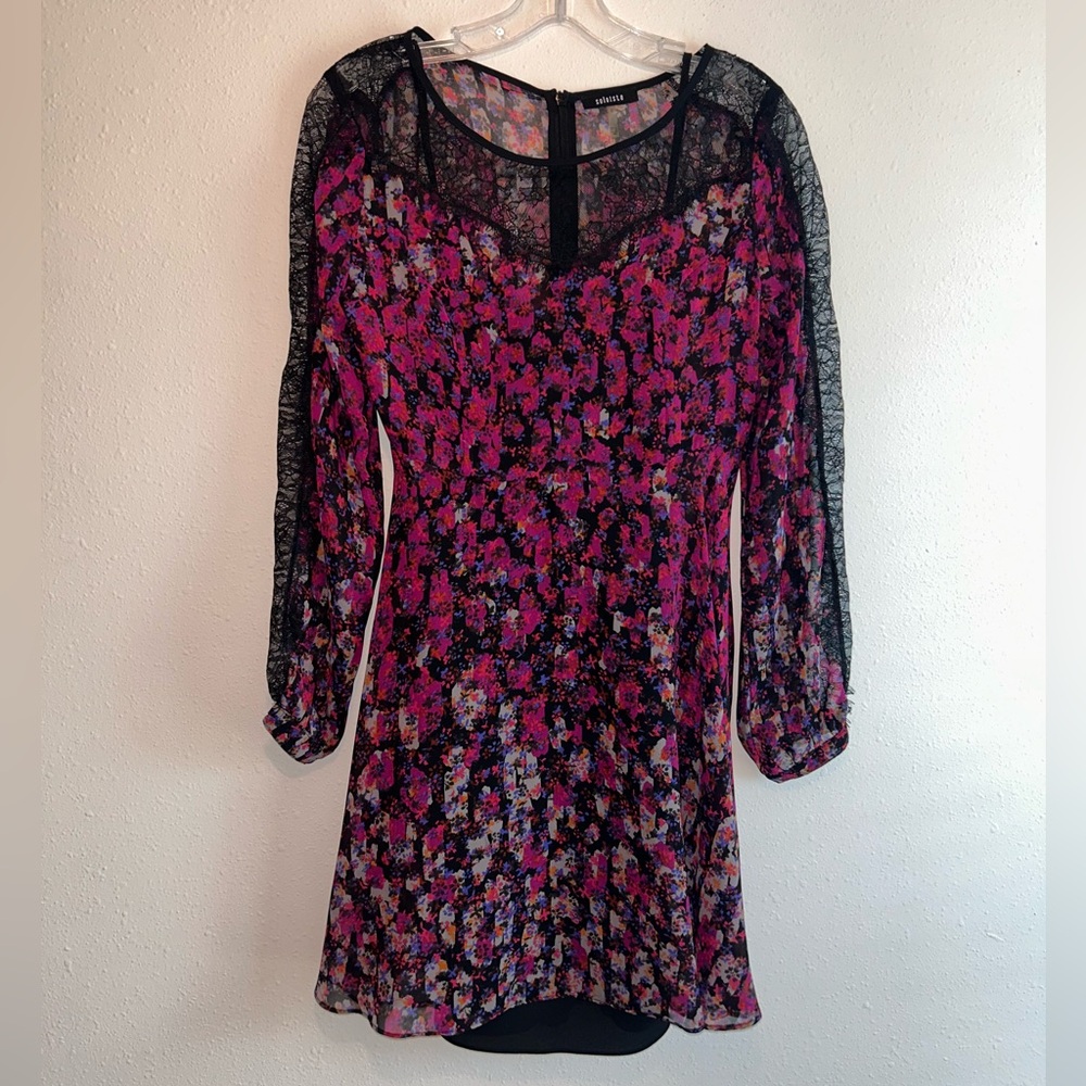 Whimsigoth Sz S Mini Dress Chiffon A Line Black Lace Pink Floral Romantic Gothic
